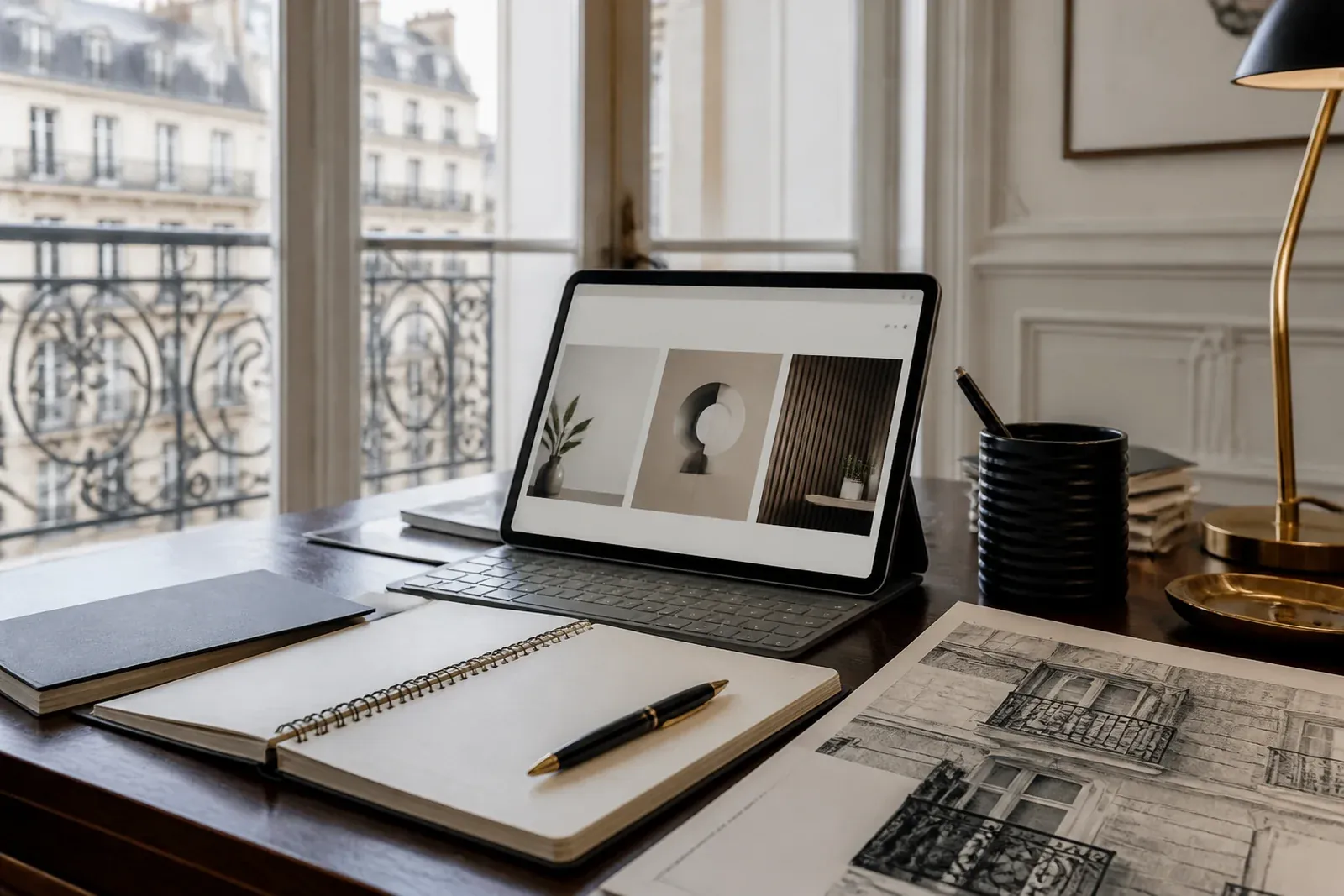 Bureau de professionnel avec consultation d’un site d’information