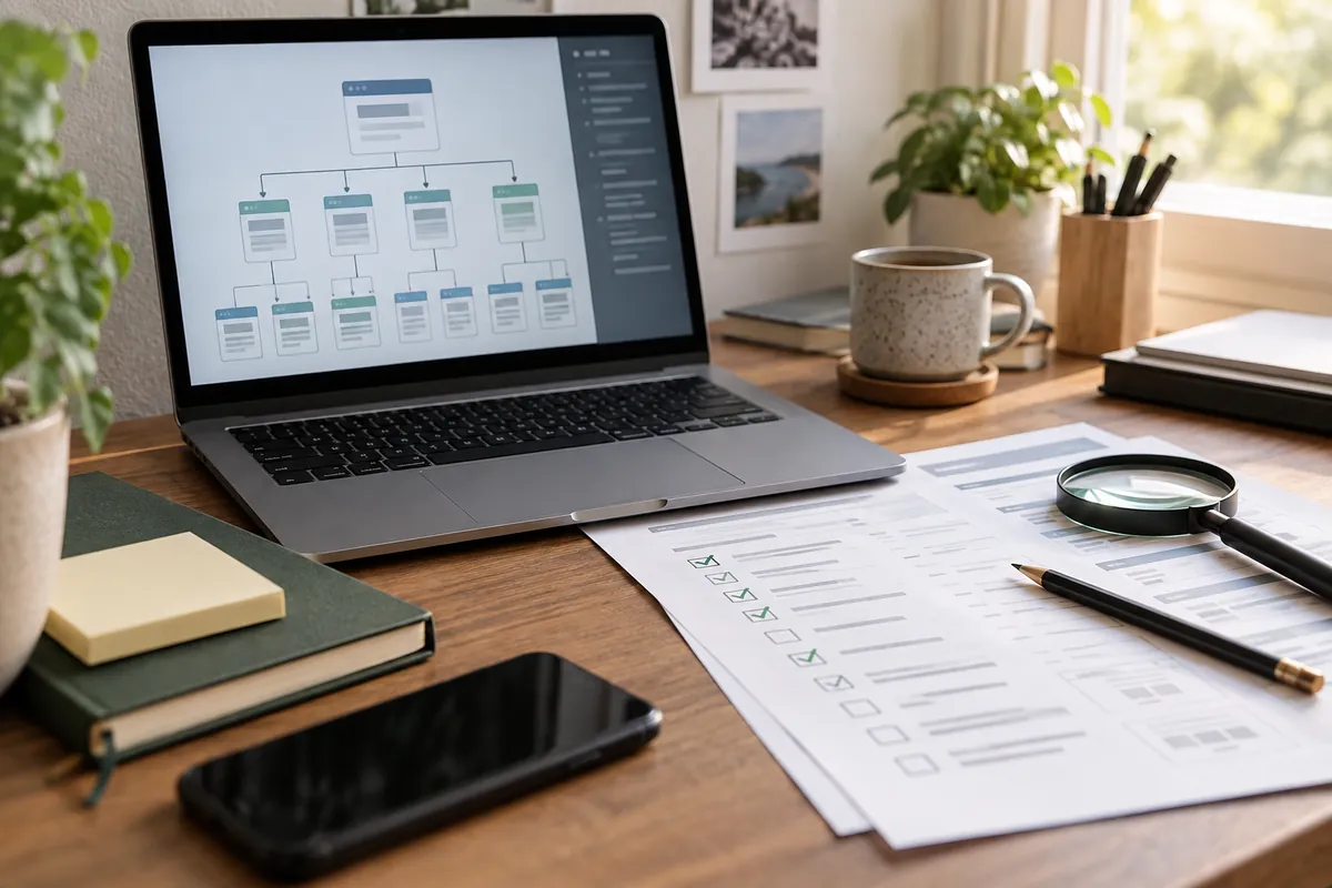 Bureau de travail avec architecture de pages et liste de contrôle pour un audit SEO