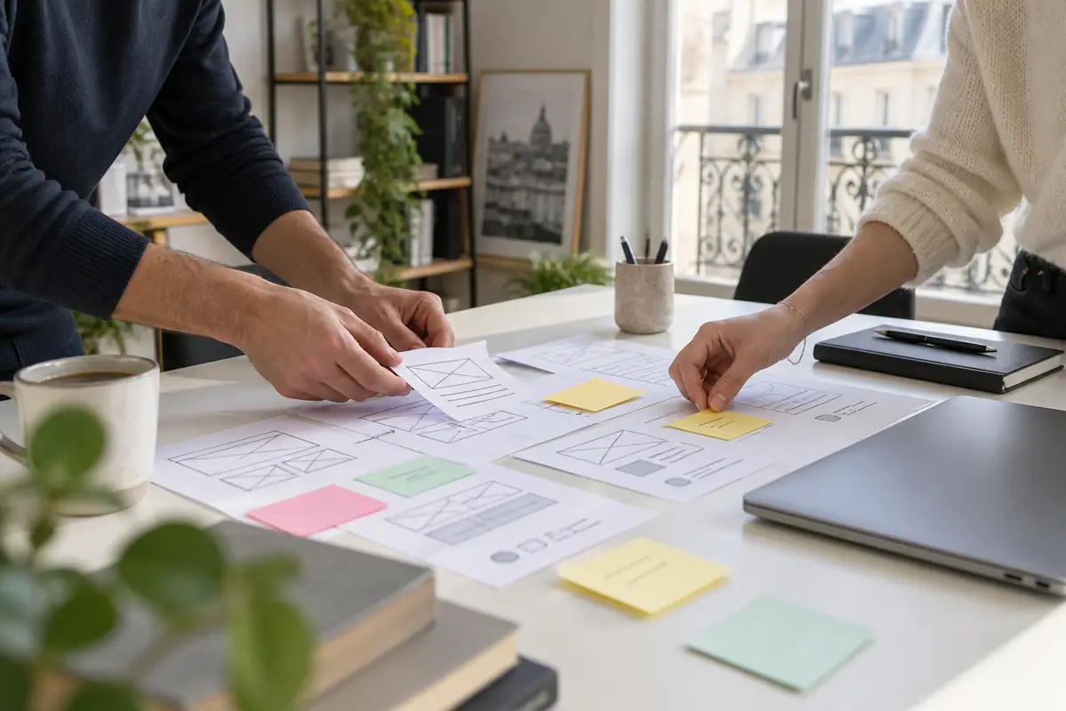 Deux personnes organisent des schémas de pages pour préparer un projet web