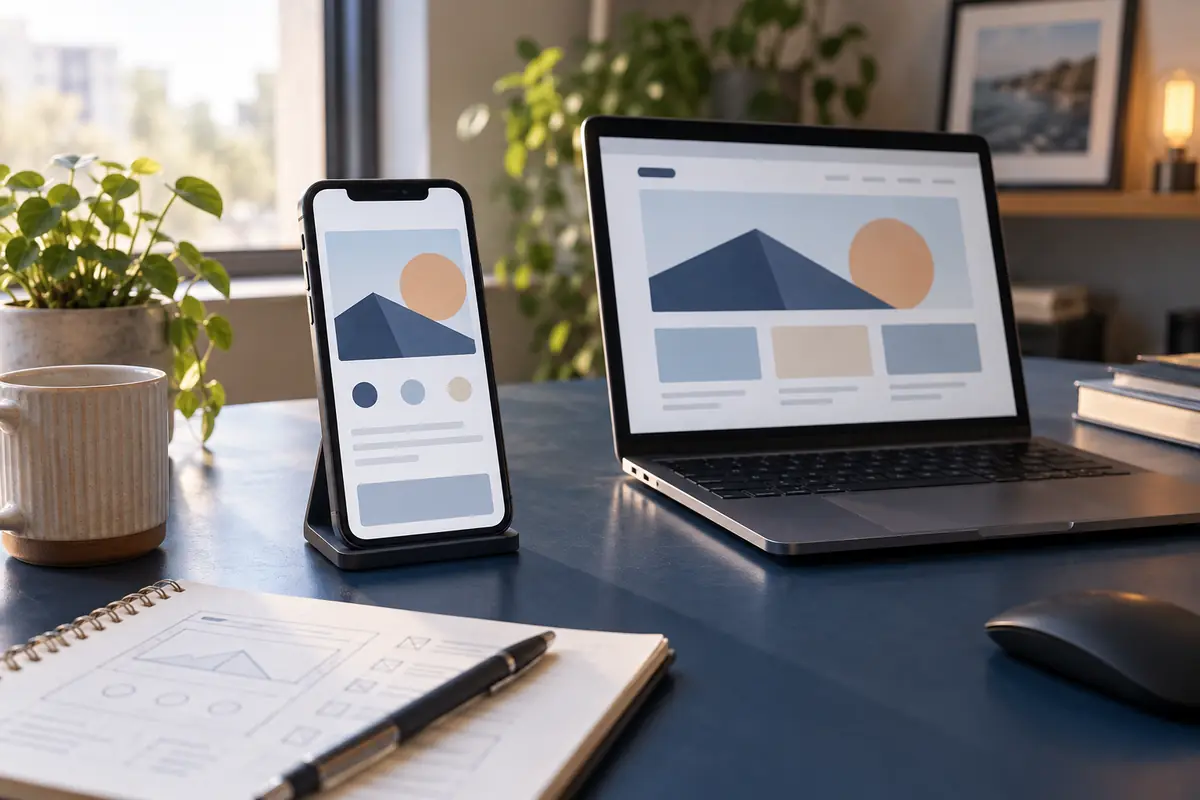 Smartphone et ordinateur affichant une interface web simple dans un studio