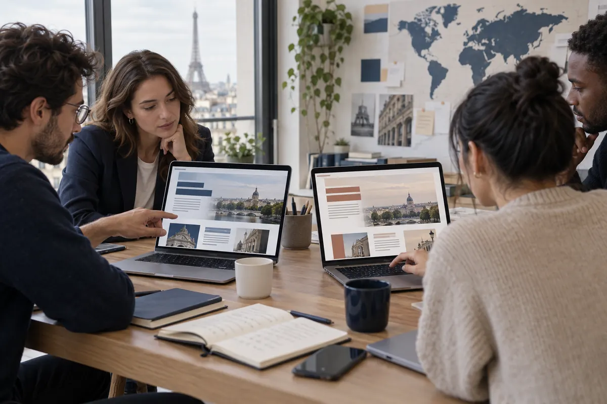 Équipe parisienne comparant deux versions linguistiques d’un site sur ordinateur