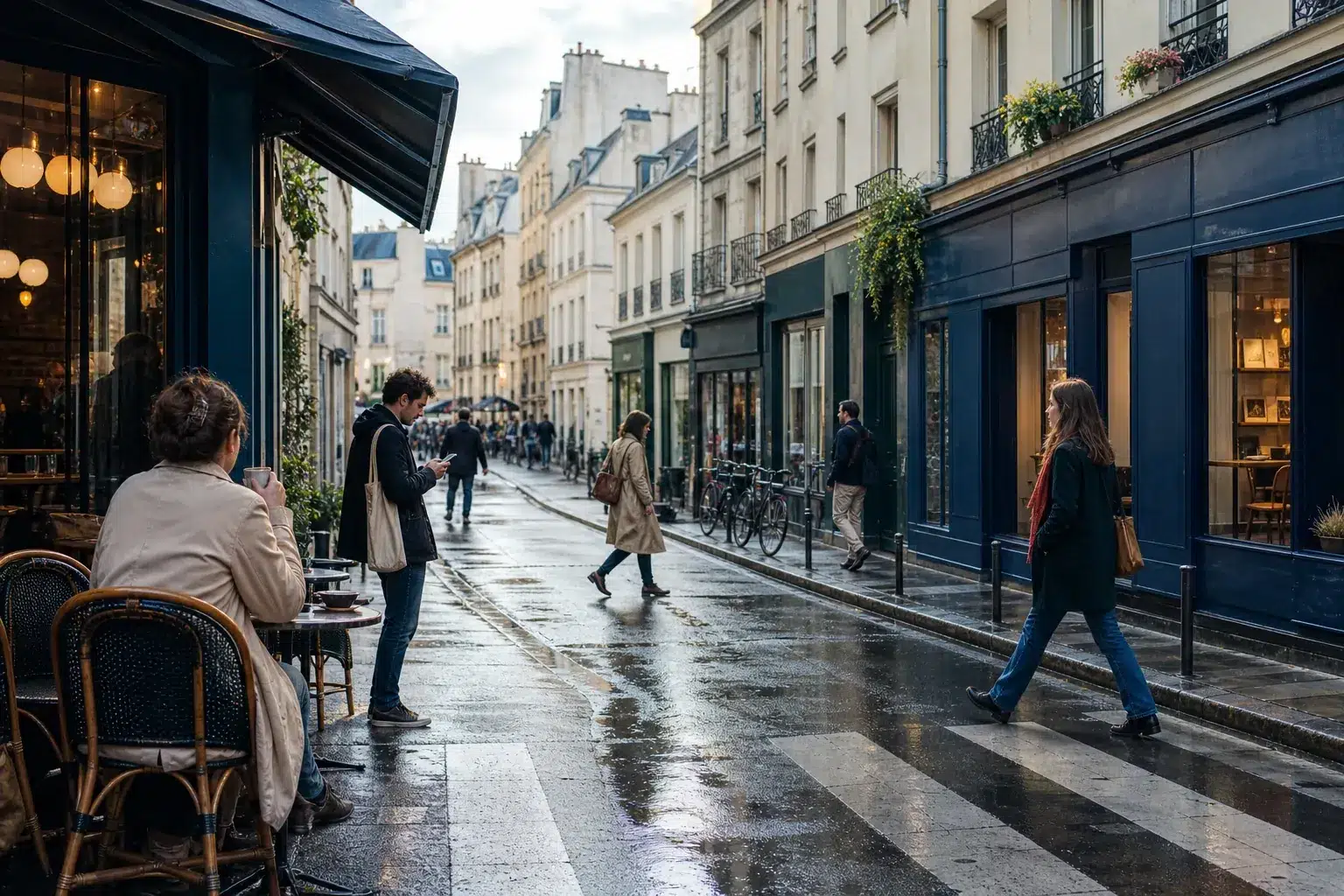 Rue parisienne animée avec café, commerces indépendants et usage mobile