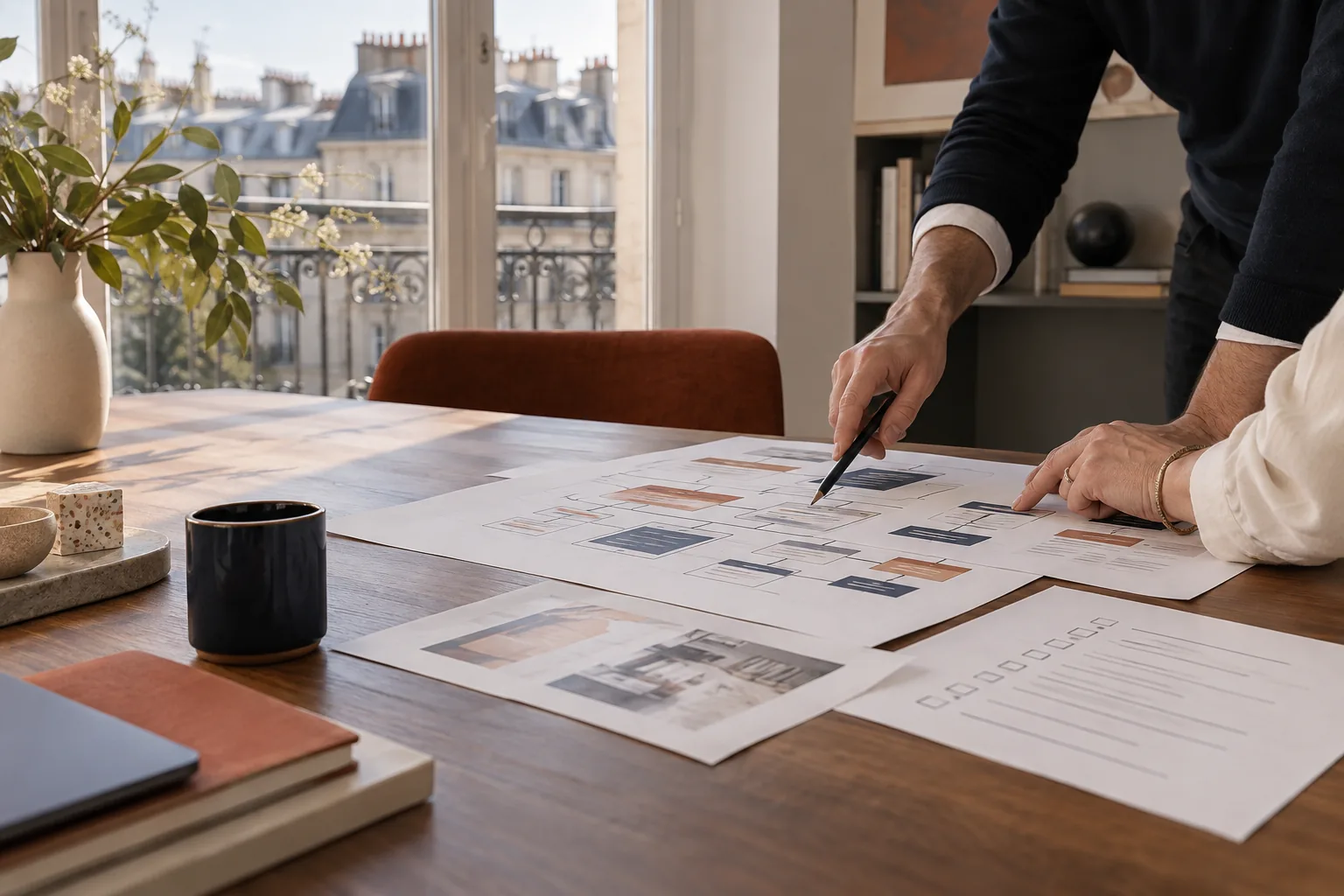 Atelier d’audit avec architecture de site, grille de contrôle et priorités sur une table