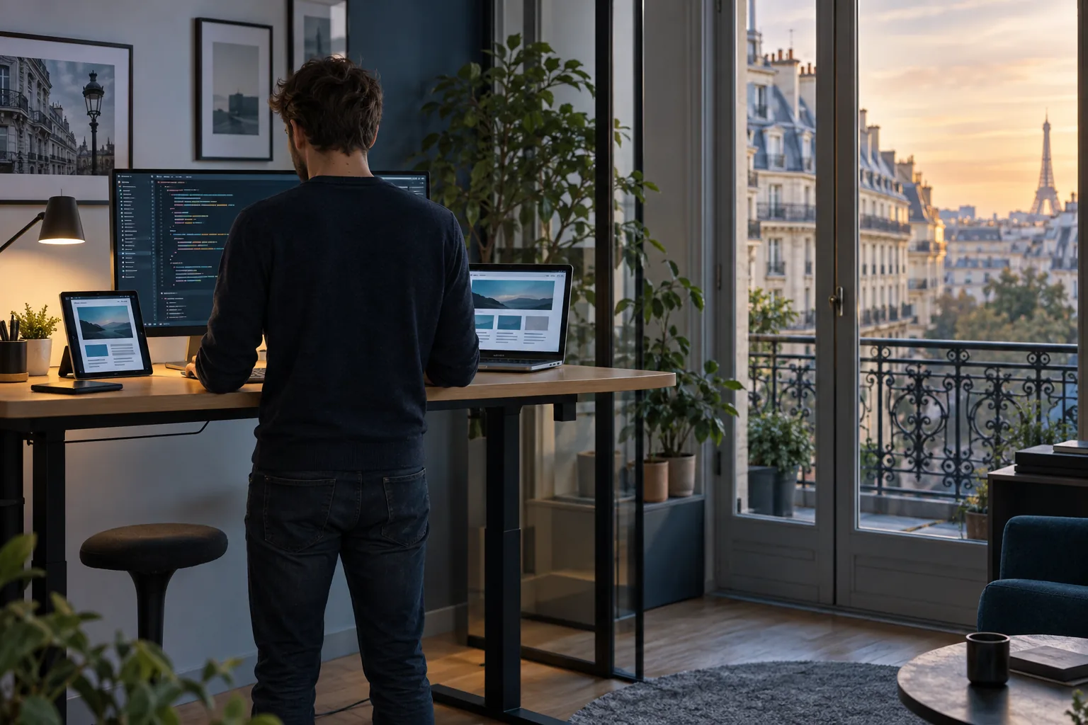 Développeur contrôlant une interface responsive sur plusieurs écrans dans un studio à Paris