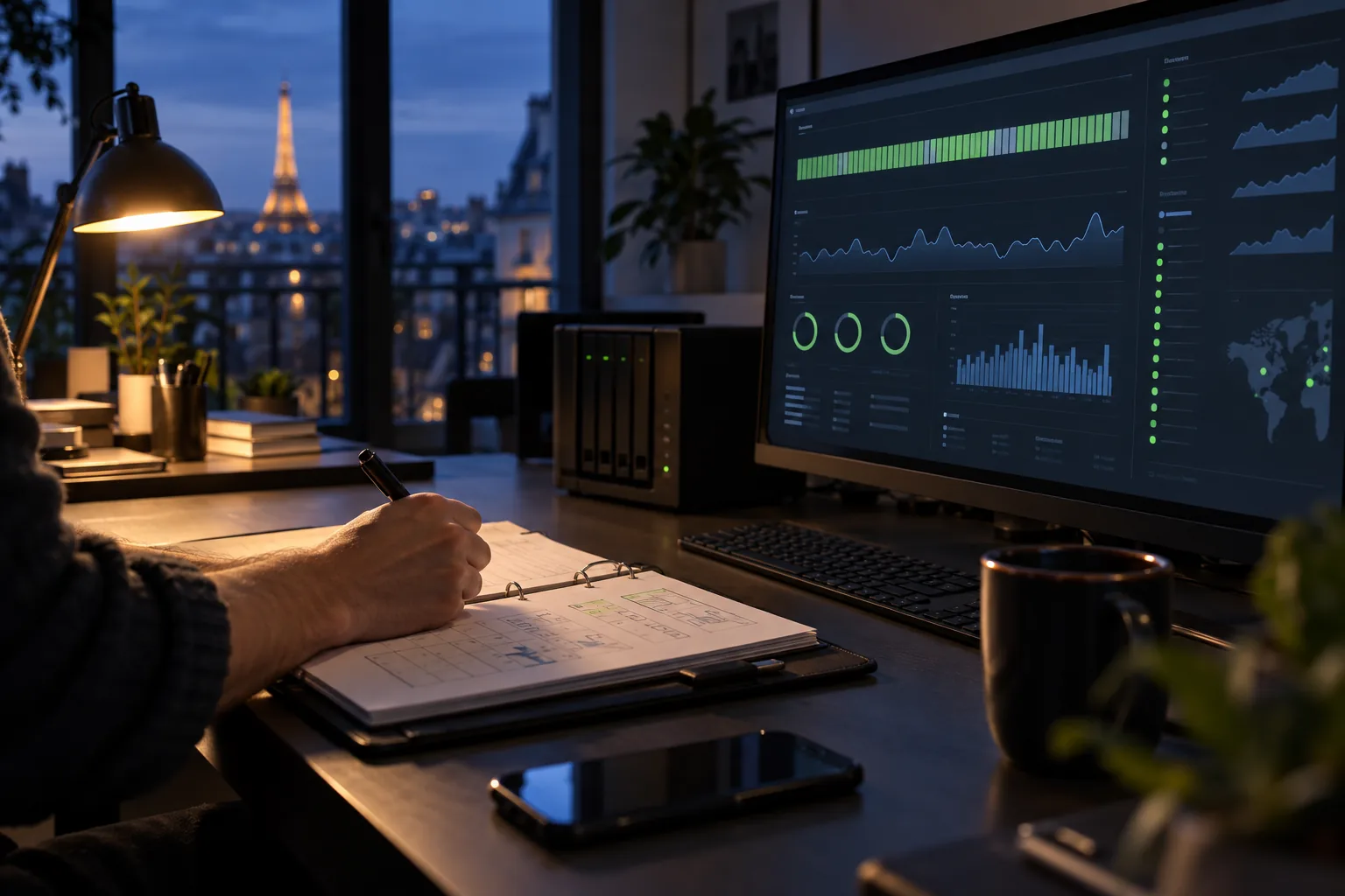 Contrôle de disponibilité et cahier de maintenance devant un écran de suivi à Paris