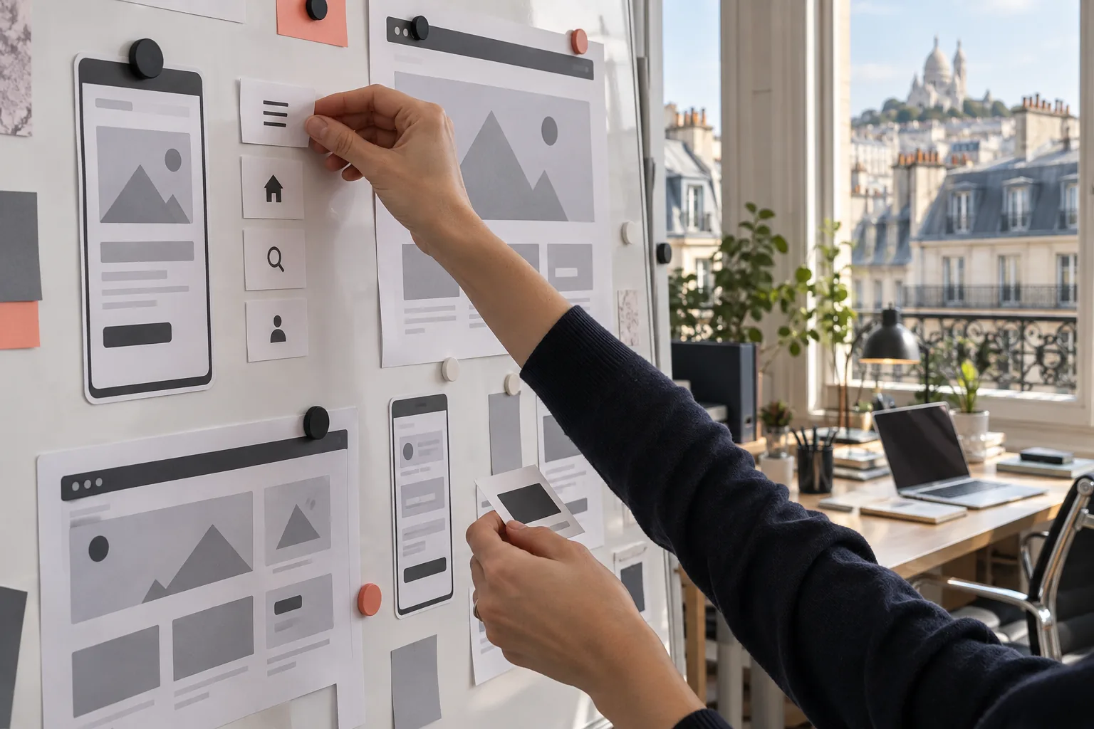 Prototypes mobiles et desktop organisés sur un tableau de conception dans un studio parisien